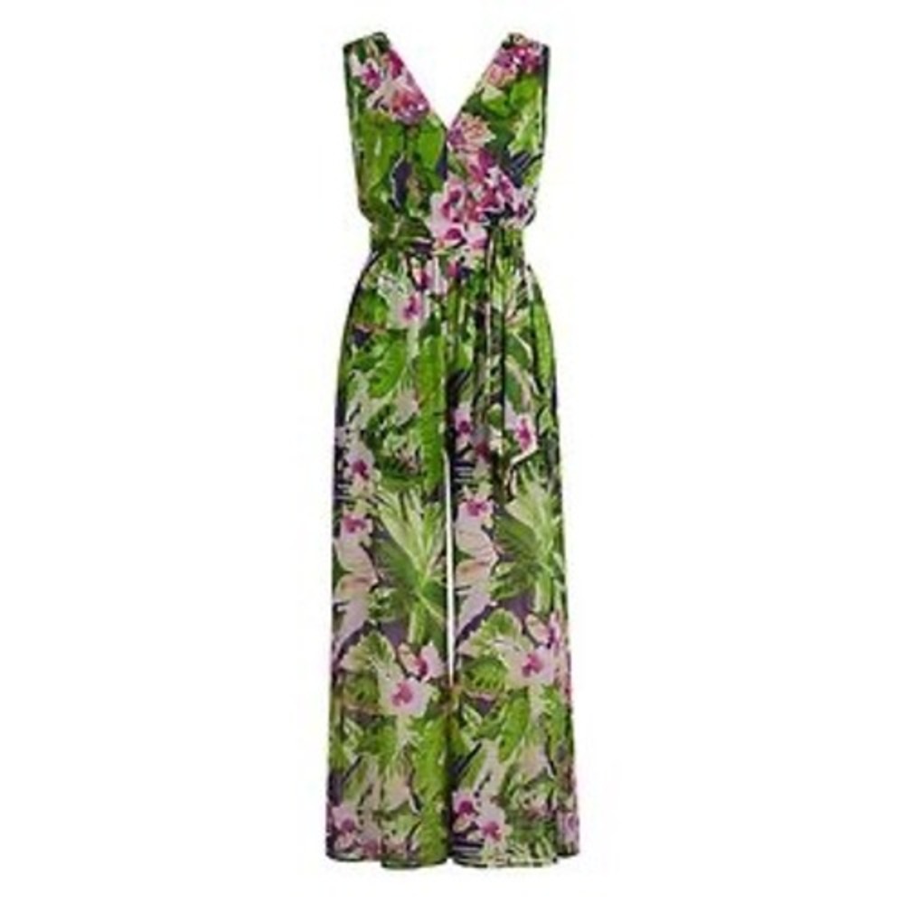 New York & Company Tropical Jumpsuit Women XL Floral Wide Leg Resortwear Boho